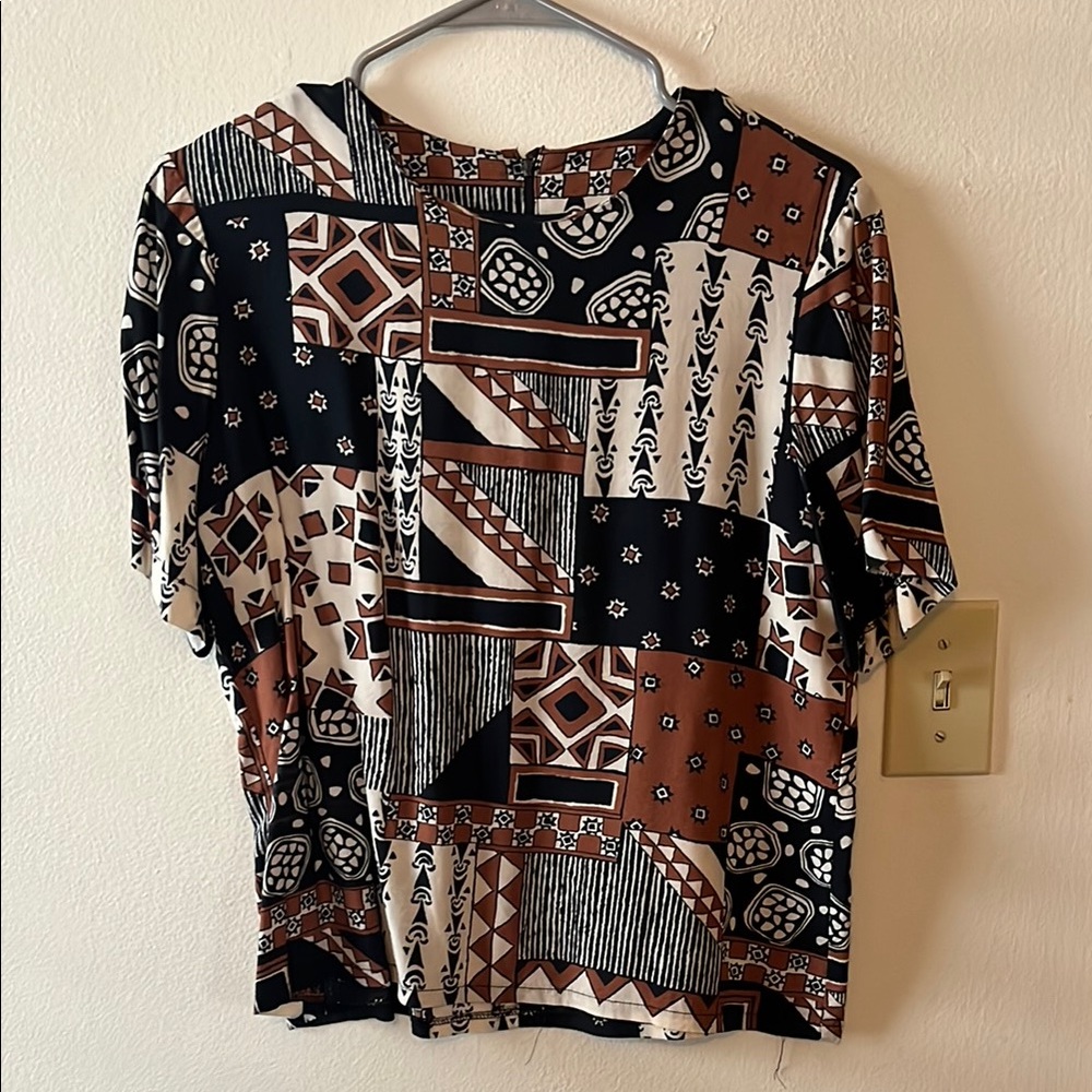 Geometric Patchwork Top - Black and Brown